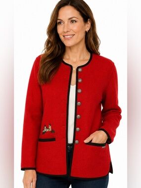Vintage 80/90 Geiger Austria Red Boiled Wool Cardigan Jacket 38 Castle Embroider